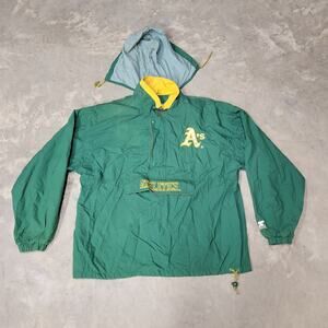 Vintage 90's Starter MLB Oakland A's Pullover Nylon Green Hoodie Jacket Men's XL